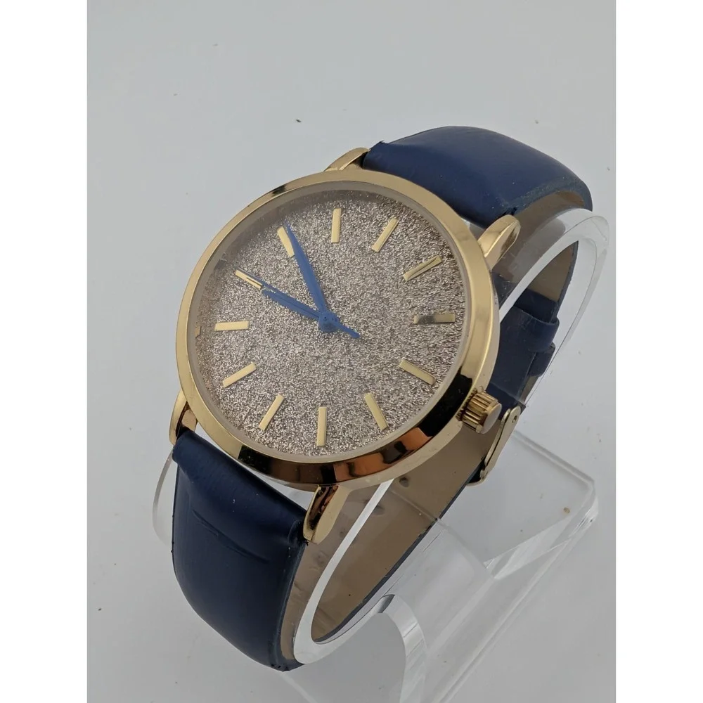 MSPCI‎ Glitter Dial Women's Watch 36mm Gold Case Blue Faux Leather Band- Working